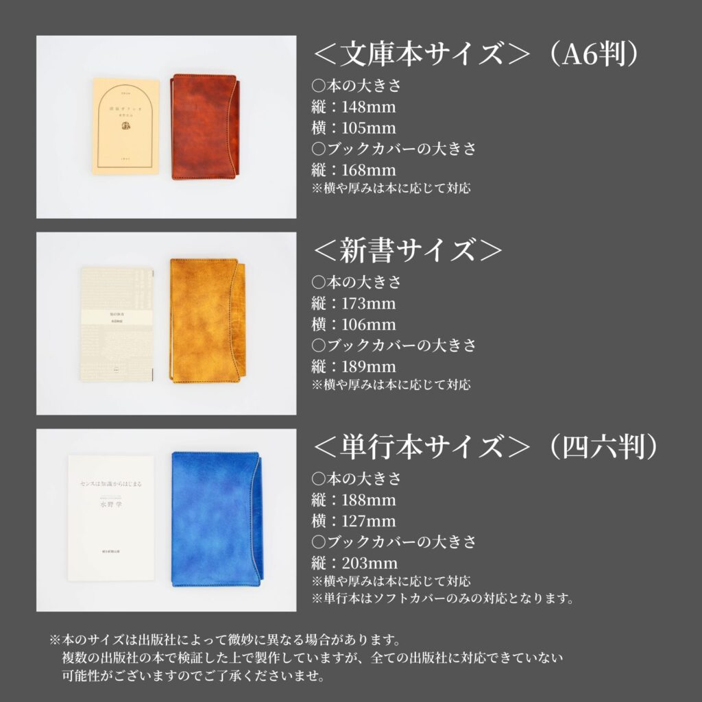 ブックカバー「OLIVE」のサイズ対応表。文庫本・新書・単行本の3サイズに対応。
