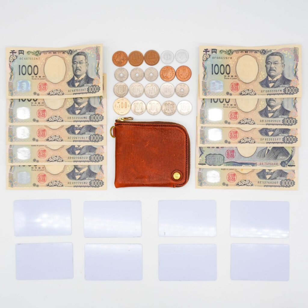 収納量の目安。お札10枚、カード8枚、小銭20枚程度